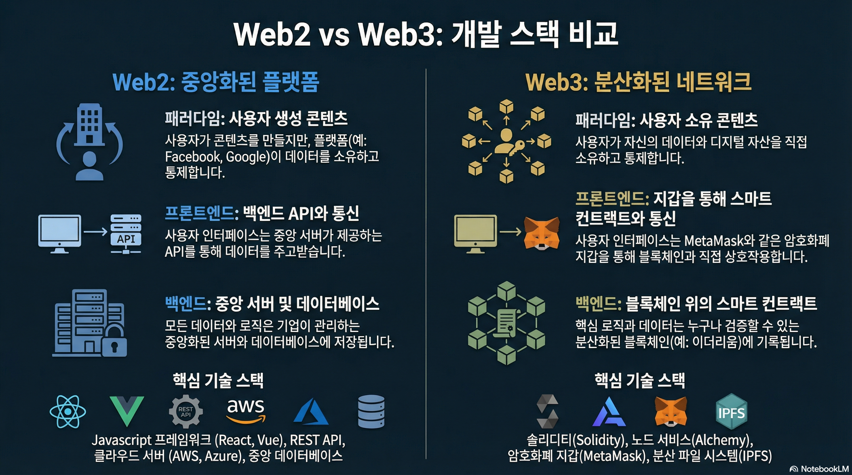 Web2 vs 웹 3.0 개발 스택 비교 및 6주 완성 로드맵 인포그래픽