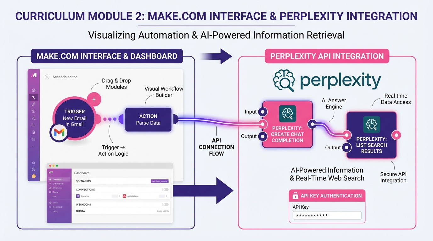 Make.com 인터페이스 & Perplexity 연동 화면