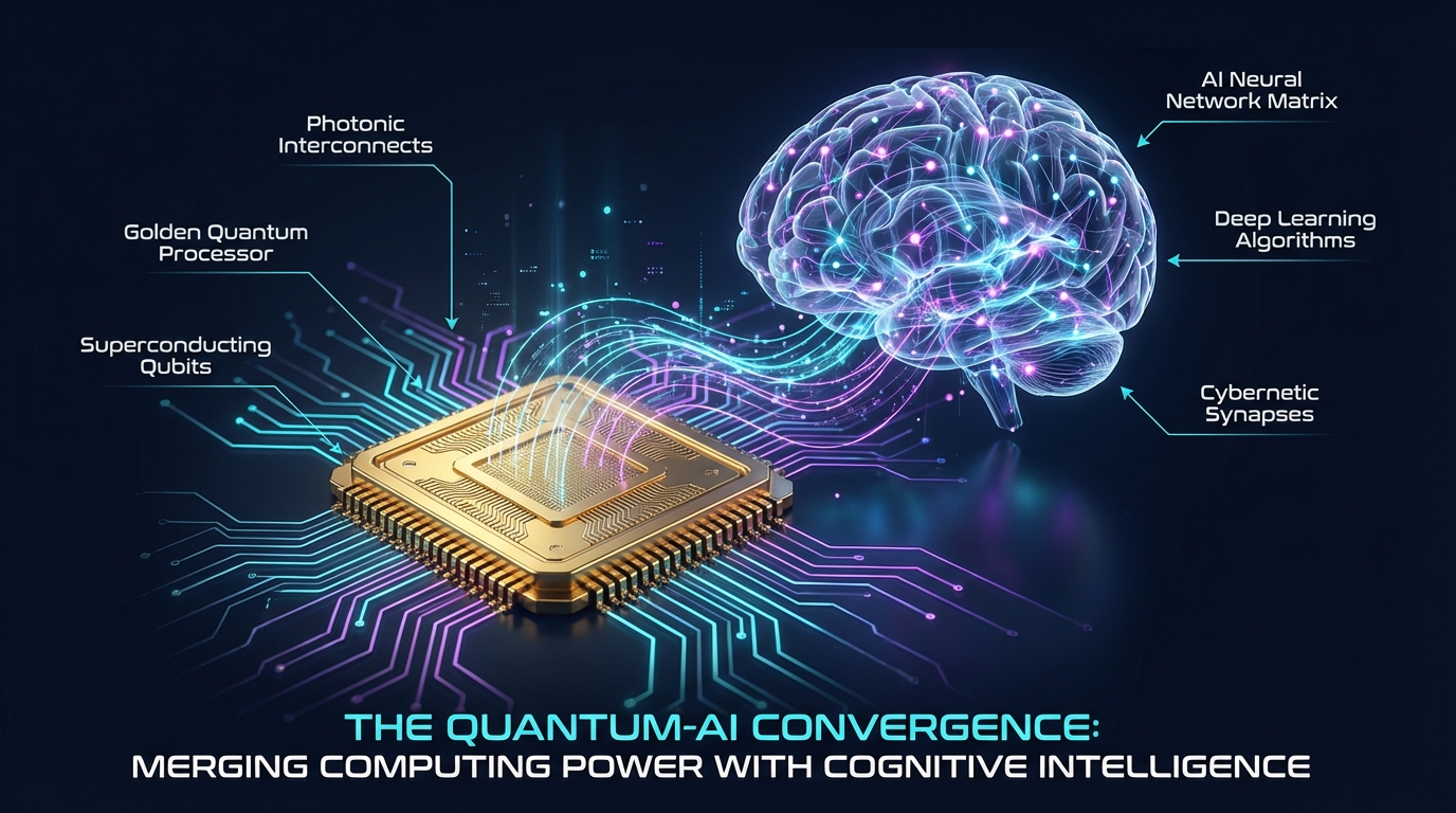 미래적인 양자 컴퓨터 칩셋과 AI 신경망이 융합되는 비주얼